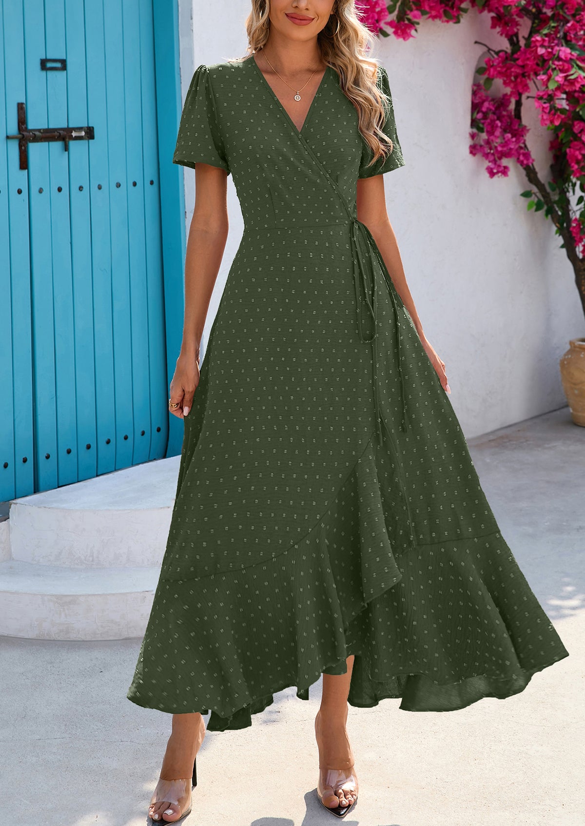 Leisure Bohemian Flower V-Neck Short Sleeved Ruffled Beach Long Skirt