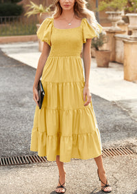 Casual Short Sleeved Square Neck Layered Pleated Dress