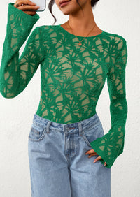 PRETTYGARDEN Womens Lace Long Bell Sleeve Tops Fall Sexy See Through Sheer Floral Blouse Shirt Fitted Going Out Outfits