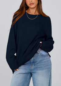 Knit Long Sleeve Crew Neck Split Hem Loose Oversized Tunic Sweaters
