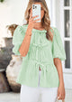 Striped Round Neck Front, Lace Up Bubble Sleeves Tops