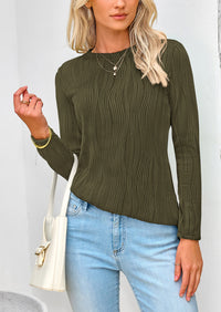 Plain Long Sleeve Crew Neck Textured Casual T-shirts