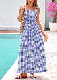Spaghetti Strap  Plaid Square Neck A Line Smocked Casual Vacation Maxi Dresses