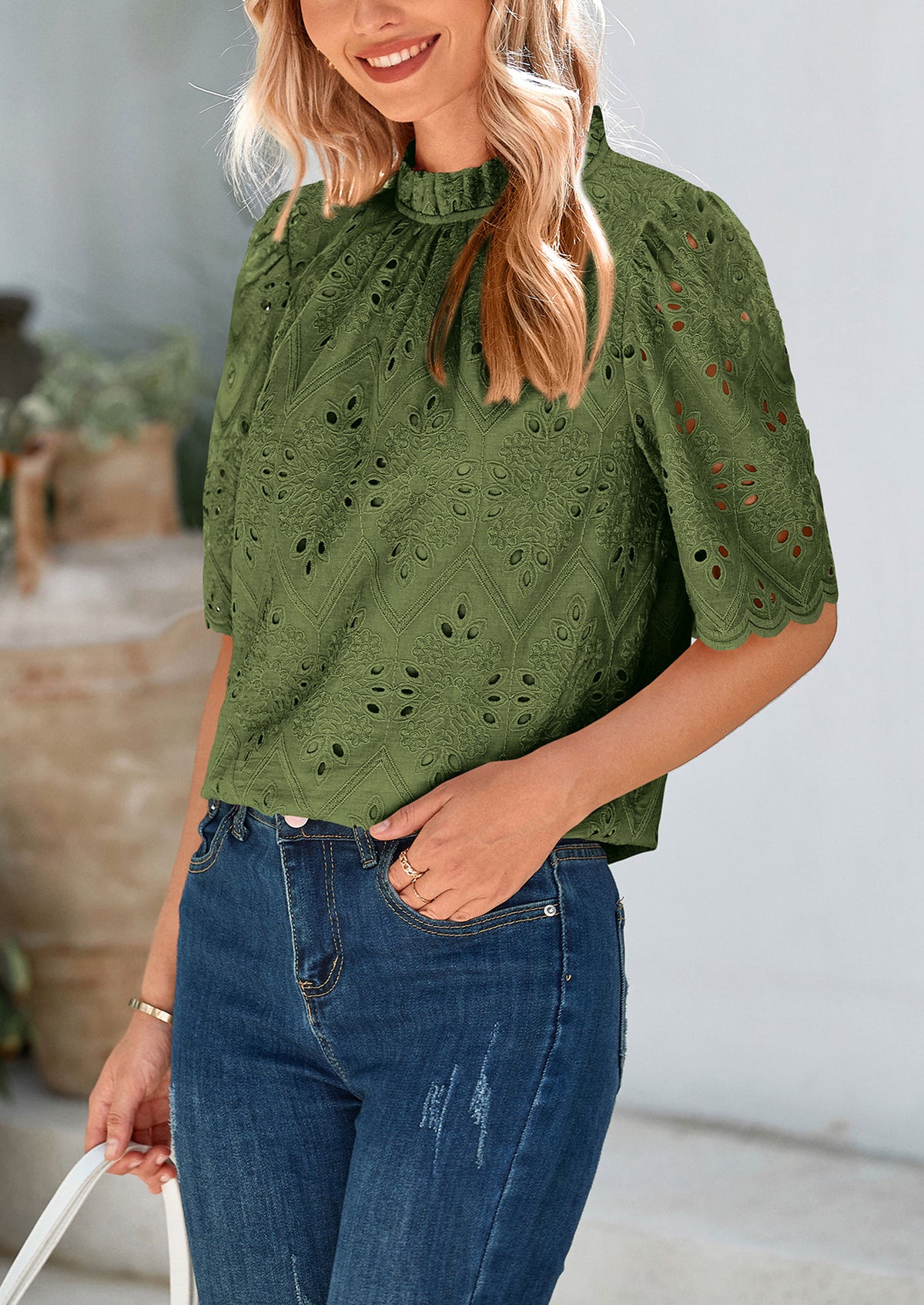Short Sleeve Eyelet Embroidered Dressy Casual Blouse
