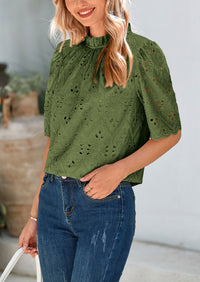 Short Sleeve Eyelet Embroidered Dressy Casual Blouse