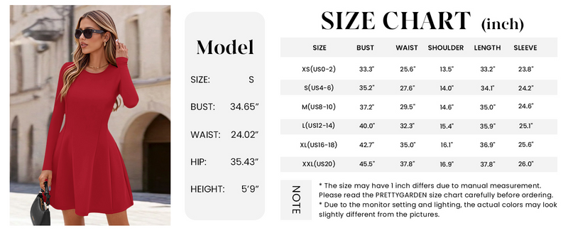 PRETTYGARDEN Long Sleeve Mini Dress for Women Fall Crewneck Knit Pleated Babydoll A Line Soft Casual Short Party Dresses