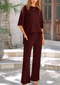 Short Sleeve Pullover Tops And Wide Leg Pants Two Piece Sets