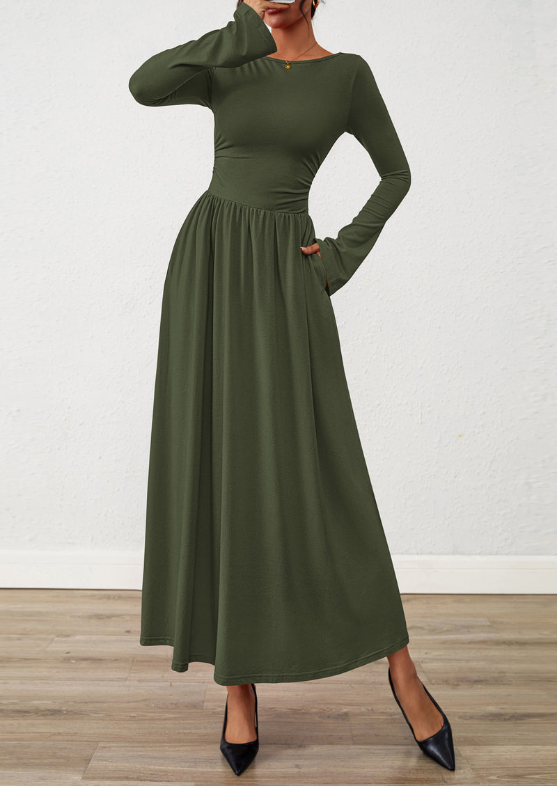 BTFBM Long Sleeve Maxi Dresses for Women Fall Casual Ruched Boat Neck Flowy Elegant Formal Wedding Guest Dress