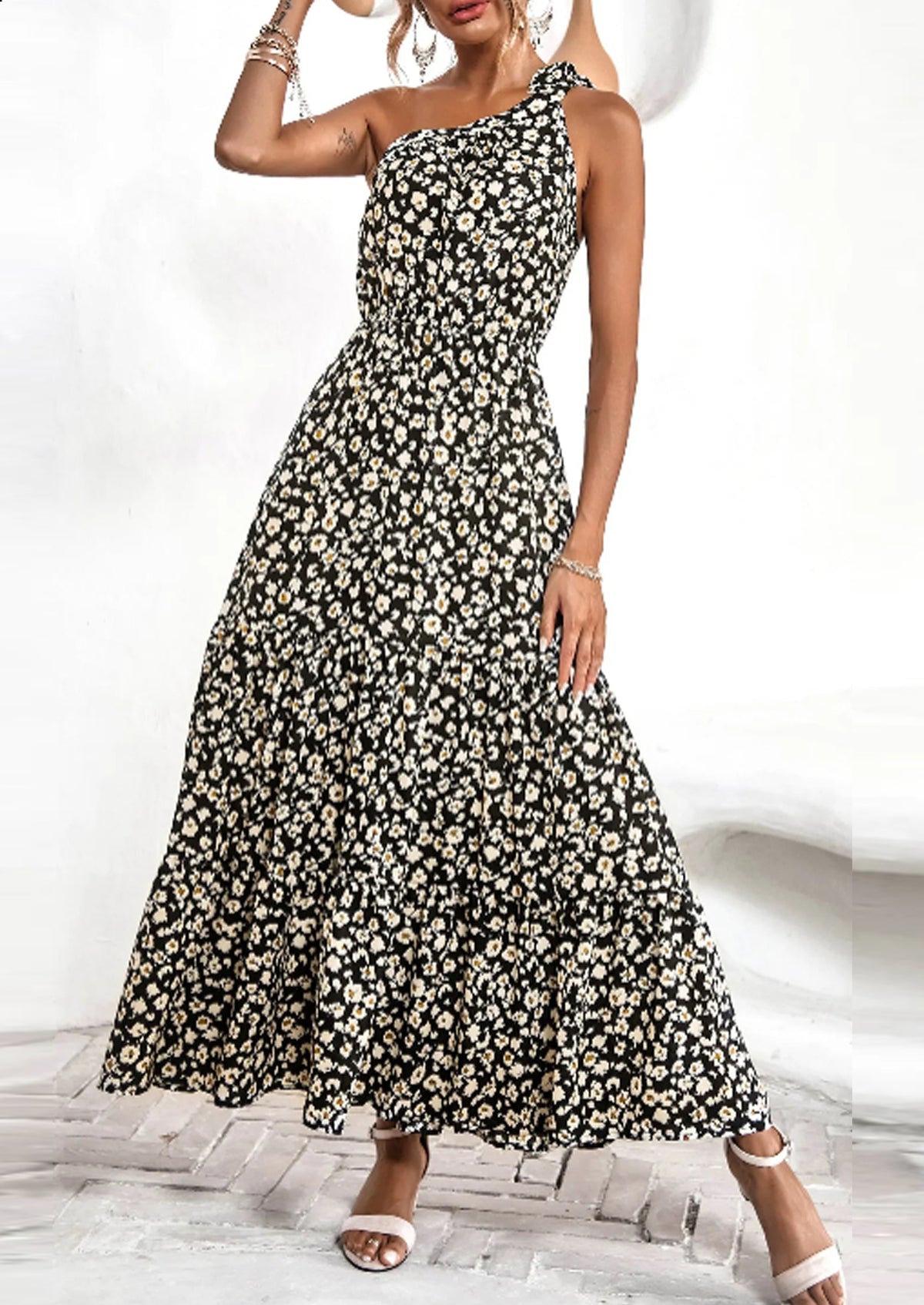 One Shoulder Ruffle Tie Floral Print Summer Maxi Dresses