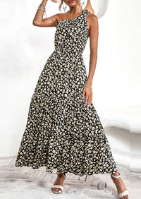 One Shoulder Ruffle Tie Floral Print Summer Maxi Dresses