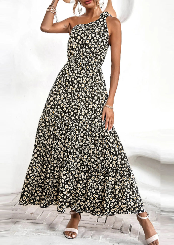 One Shoulder Ruffle Tie Floral Print Summer Maxi Dresses