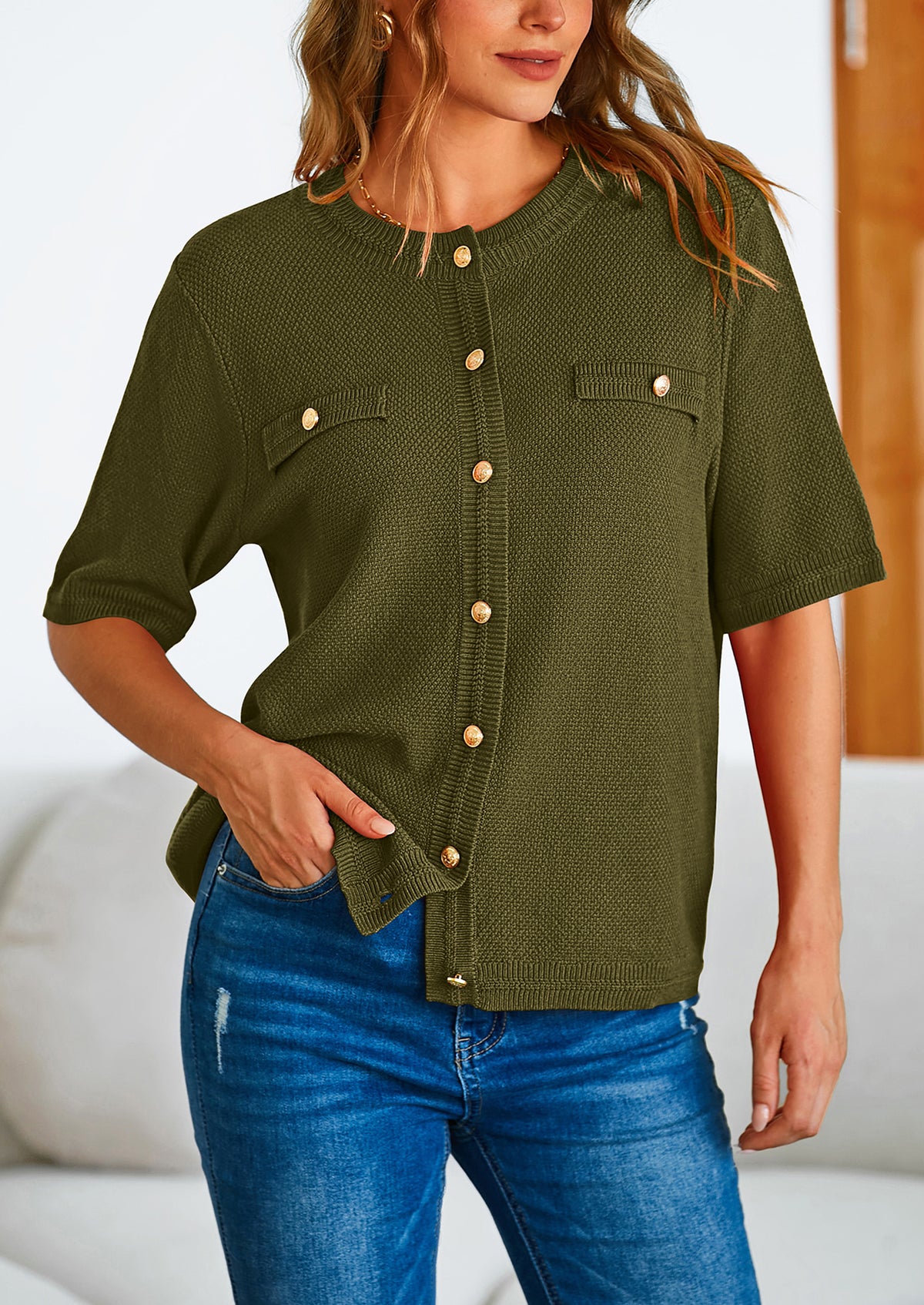 Button Down Casual Short Sleeve Crew Neck Ribbed Knit Shirts