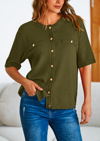 Button Down Casual Short Sleeve Crew Neck Ribbed Knit Shirts