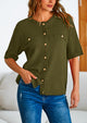 Button Down Casual Short Sleeve Crew Neck Ribbed Knit Shirts