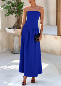 Strapless Patchwork Long Flowy Elegant Tube Top Maxi Dresses with Pockets