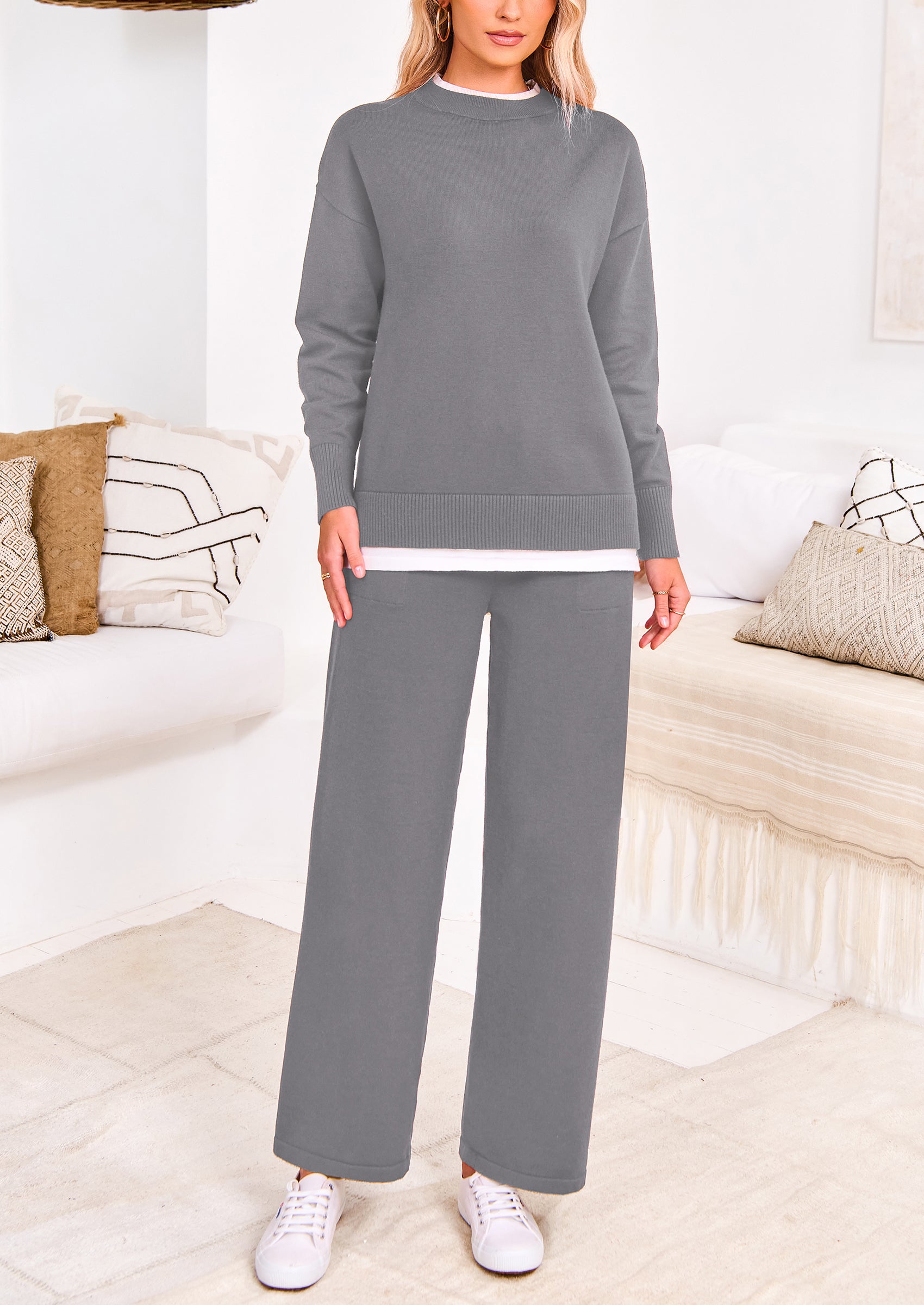PRETTYGARDEN Two Piece Matching Sweater Lounge Sets Knit Long Sleeve Pullover Tops Wide Leg Pants