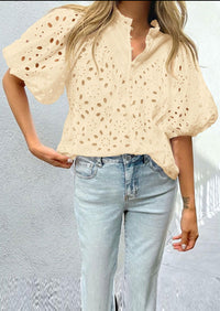 Casual Short Lantern Sleeve V Neck Buttons Hollow Out Lace Embroidered Blouses