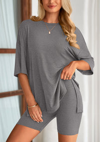 Casual Short Sleeved Round Neck Top Paired With Shorts Two-Piece Set