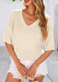 Short Sleeved Casual V-Neck Knitted Small Eye Shirt
