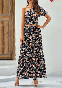 One Shoulder Crop Top High Waisted Skirt Two Piece Sets