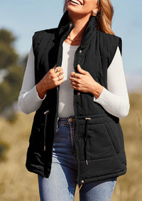 Casual Button Zipper Vest, Drawstring Sleeveless Jacket