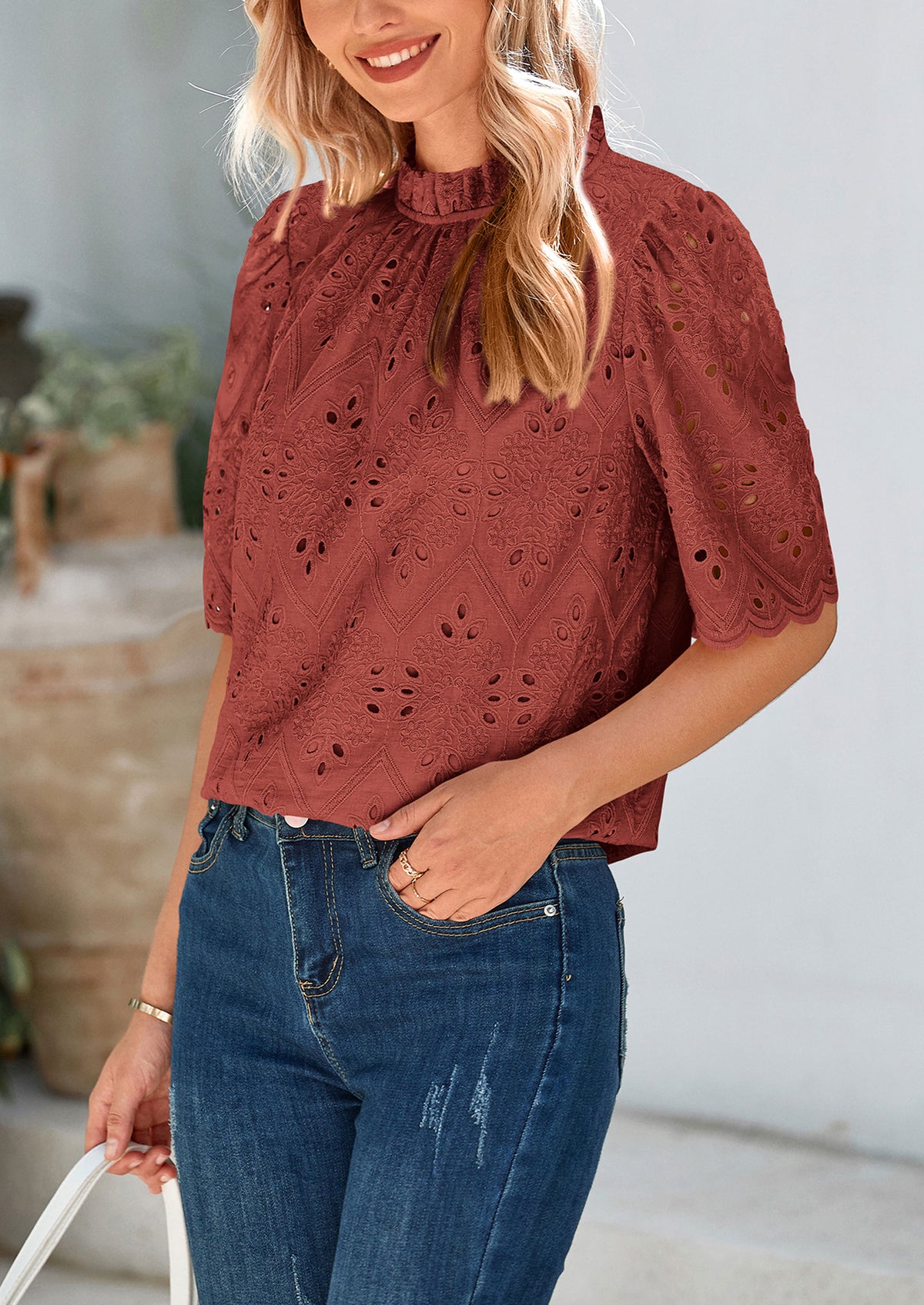 Short Sleeve Eyelet Embroidered Dressy Casual Blouse