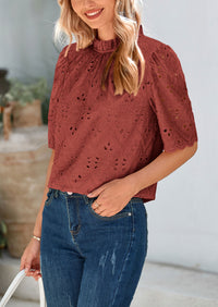 Short Sleeve Eyelet Embroidered Dressy Casual Blouse