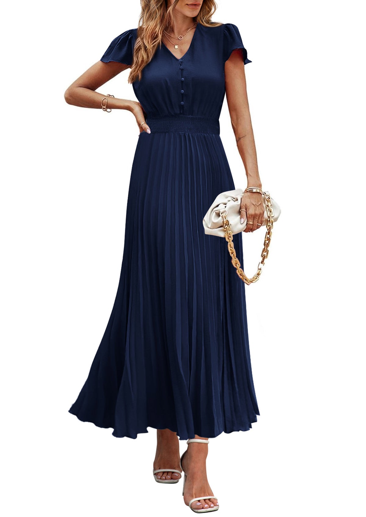 Casual Button V Neck Ruffle Cap Sleeve Long Flowy Pleated Maxi Dresses