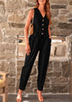 Cotton Deep V Neck Button Front Cropped Vest Pants With Pockets Two Piece Sets