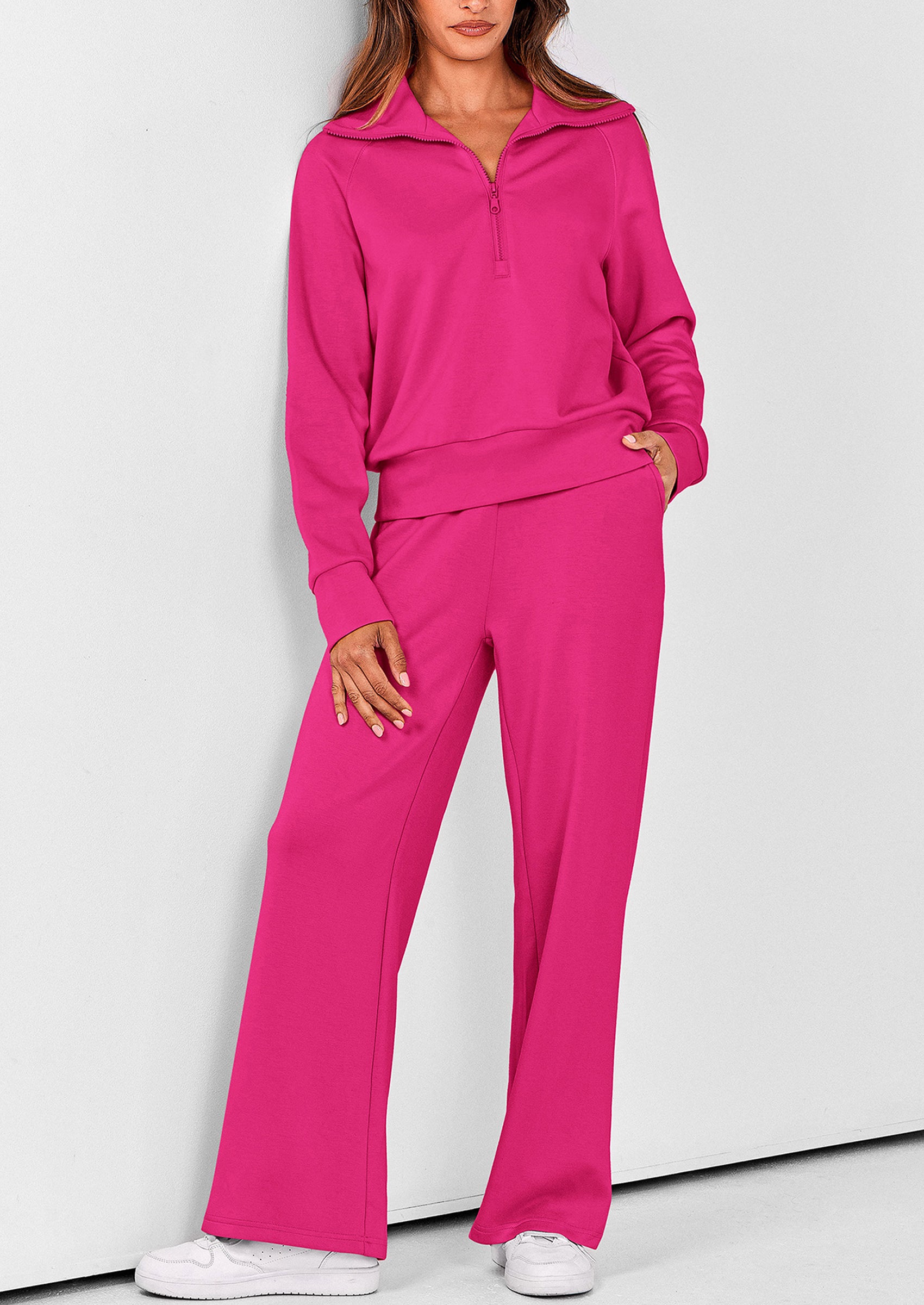 PRETTYGARDEN Women's 2 Piece Outfits Casual Lapel Half Zip Sweatshirts And Wide Leg Pants Tracksuit Sets