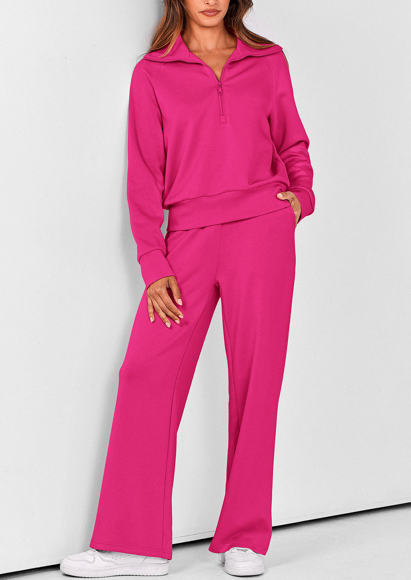 PRETTYGARDEN Women's 2 Piece Outfits Casual Lapel Half Zip Sweatshirts And Wide Leg Pants Tracksuit Sets