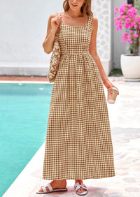 Spaghetti Strap  Plaid Square Neck A Line Smocked Casual Vacation Maxi Dresses