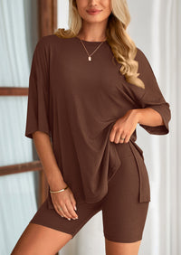Casual Short Sleeved Round Neck Top Paired With Shorts Two-Piece Set