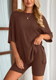 Casual Short Sleeved Round Neck Top Paired With Shorts Two-Piece Set