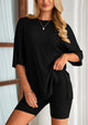 Casual Short Sleeved Round Neck Top Paired With Shorts Two-Piece Set