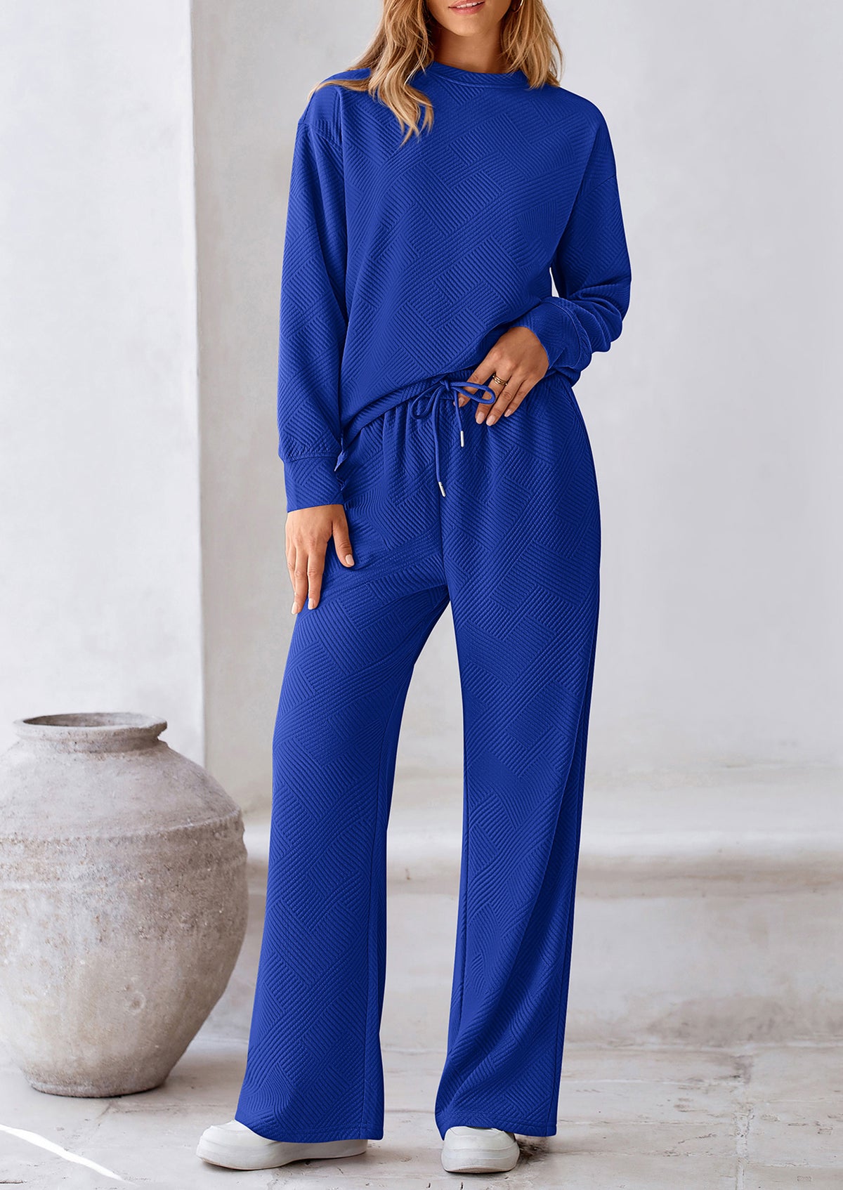Casual Long Sleeve Pullover Tops and Wide Leg Pants Knitted Two Piece Sets