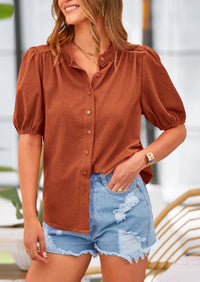 Summer Button Down Short Lantern Sleeve V Neck Cotton Blouses