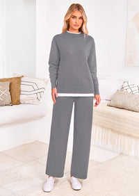 PRETTYGARDEN Two Piece Matching Sweater Lounge Sets Knit Long Sleeve Pullover Tops Wide Leg Pants
