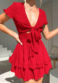 Red Tie Front V Neck Short Sleeve Mini Dresses