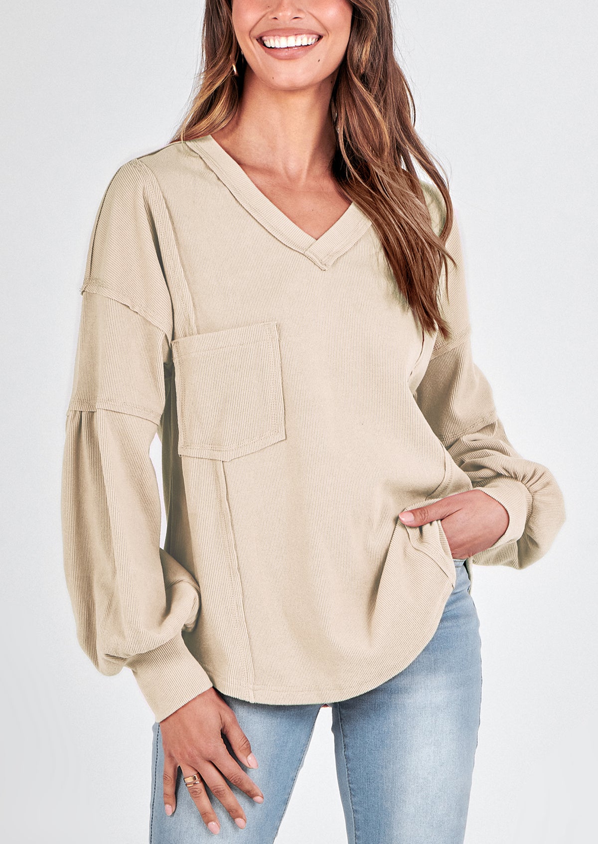 Long Sleeved Casual V-Neck Loose Knit Pullover