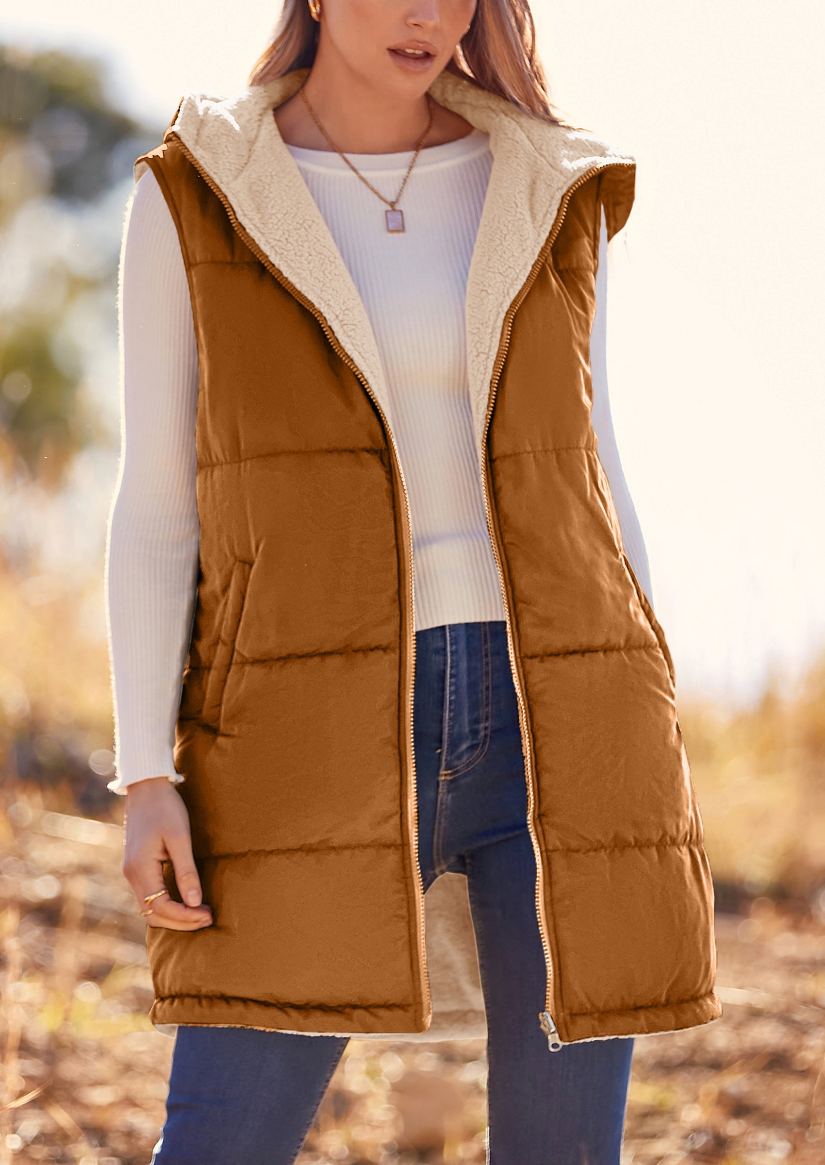 PRETTYGARDEN Womens Fall Reversible Vests Sleeveless Fleece Jacket Zip Up Hoodie Pockets Long Warm Winter Coat Outerwear