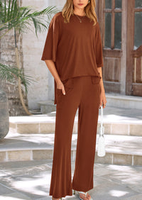 Short Sleeve Pullover Tops And Wide Leg Pants Two Piece Sets