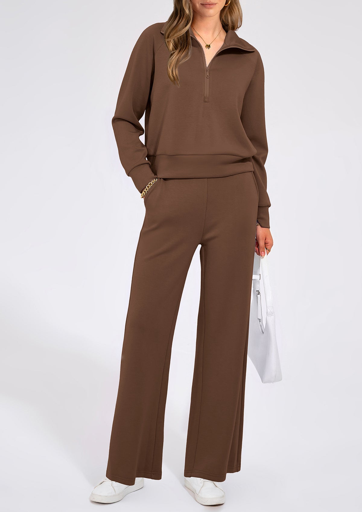 Flip Collar Half Zip Top And Wide Leg Pants Casual Two-Piece Set