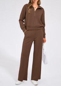 Flip Collar Half Zip Top And Wide Leg Pants Casual Two-Piece Set