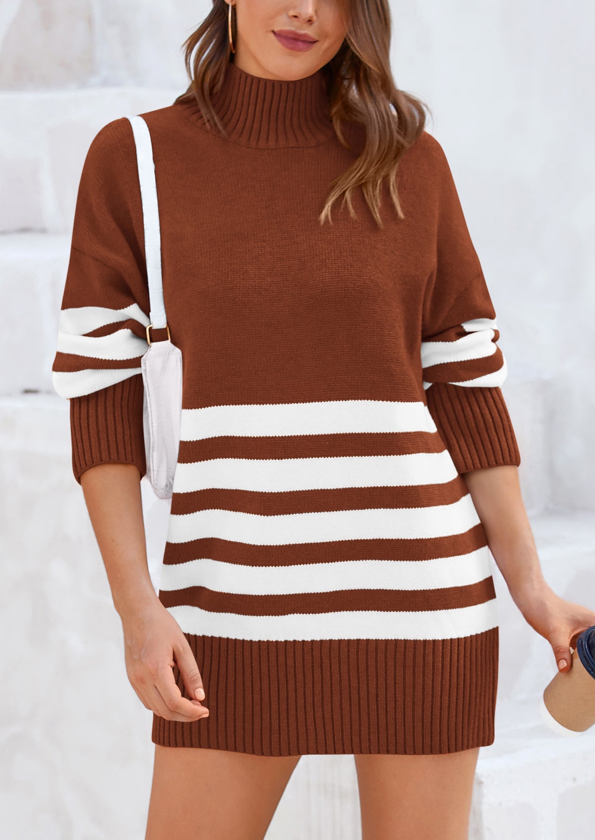 Striped Turtleneck Long Sleeve Loose Fit Chunky Knit Casual Mini Sweater Dresses