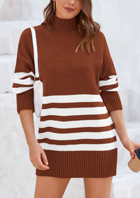 Striped Turtleneck Long Sleeve Loose Fit Chunky Knit Casual Mini Sweater Dresses
