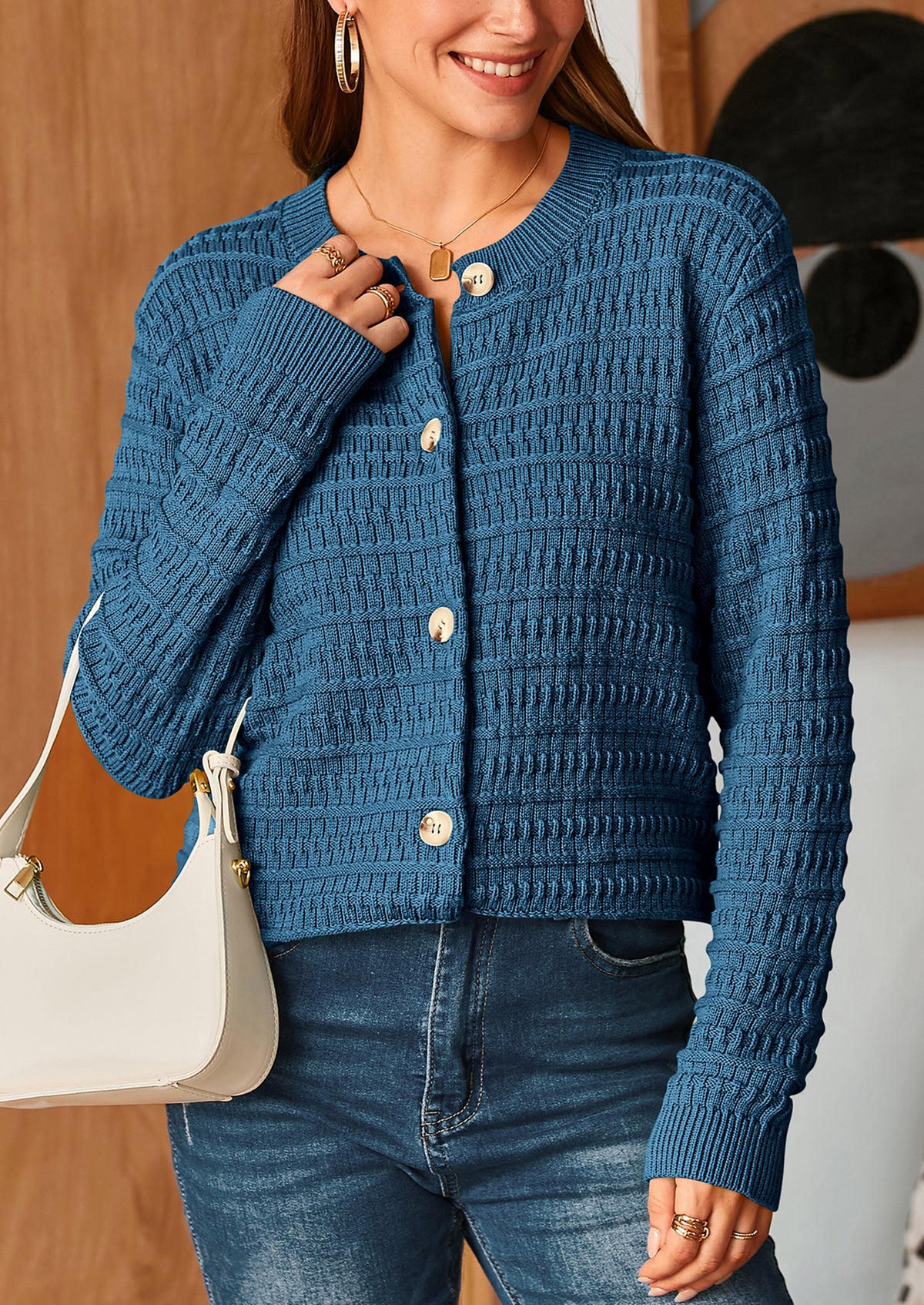 Knit Cardigan Long Sleeve Open Front Button Down Jacket