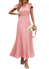 PRETTYGARDEN Women's Short Sleeve Button V Neck Casual Pleated Maxi Dresses