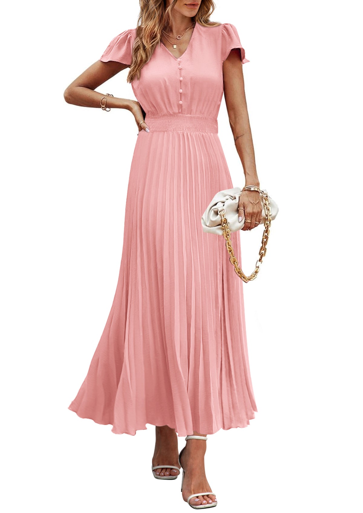 Casual Button V Neck Ruffle Cap Sleeve Long Flowy Pleated Maxi Dresses