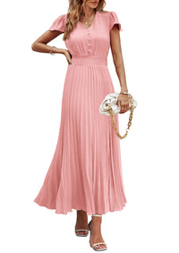 Casual Button V Neck Ruffle Cap Sleeve Long Flowy Pleated Maxi Dresses